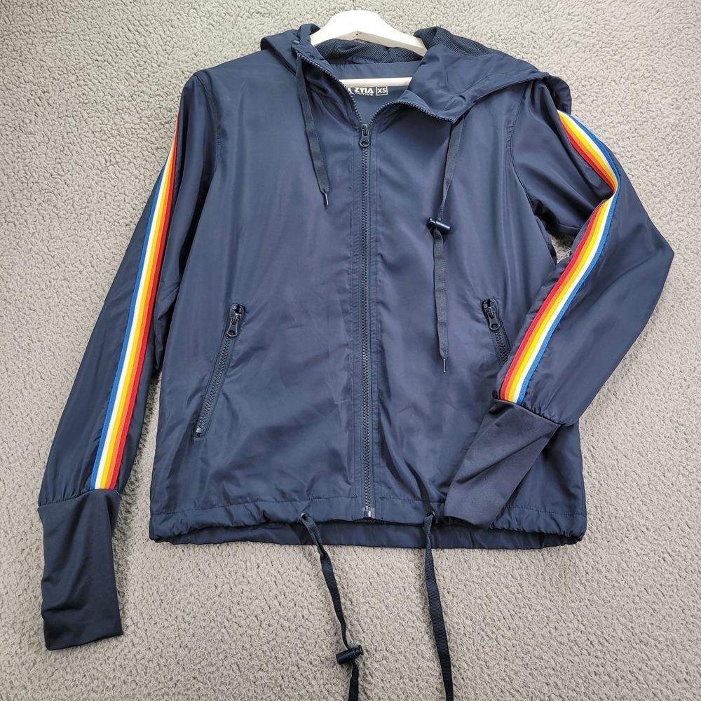 ZYIA Active Jacket Size XS‎ Blue Rainbow Stripe Windbreaker Full Zip Hooded